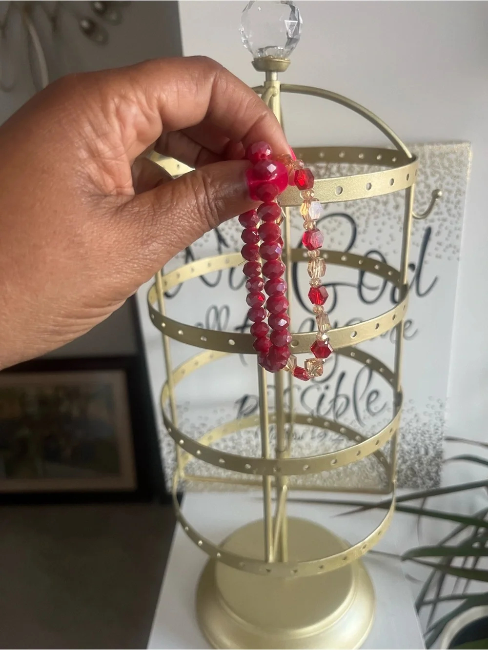 Red and Champagne Beaded Bracelet Set